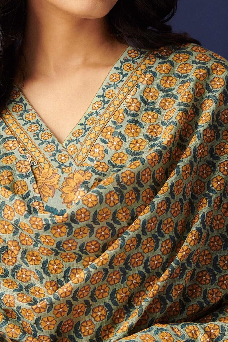 Green Hand Printed Kota Dupatta