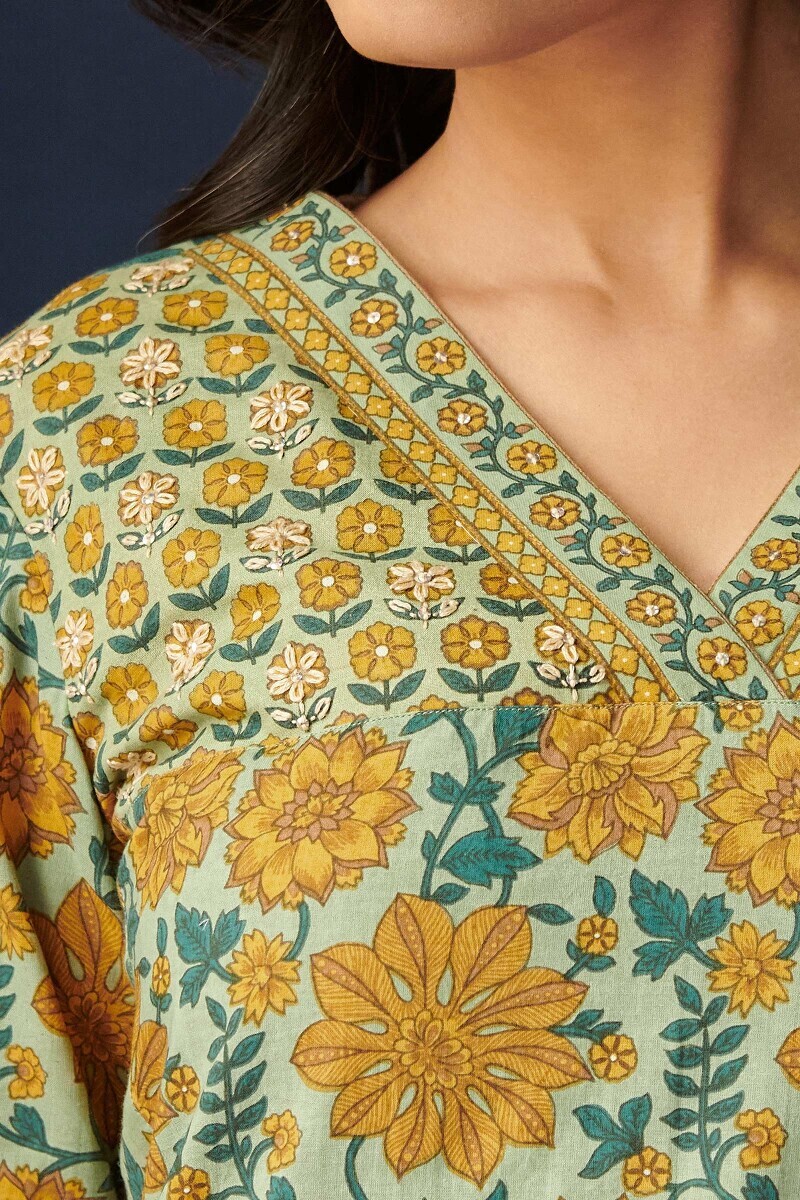 Green Hand Printed Straight Cotton Kurta