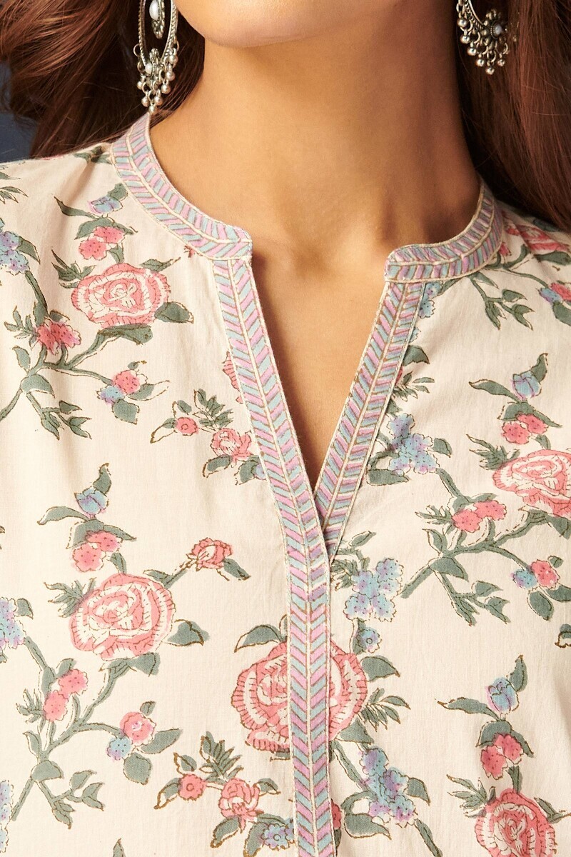 Off-White Hand Block-Printed Straight Cotton Kurta