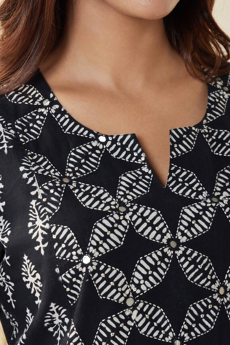 Black Hand Block-Printed Straight Cotton Kurta