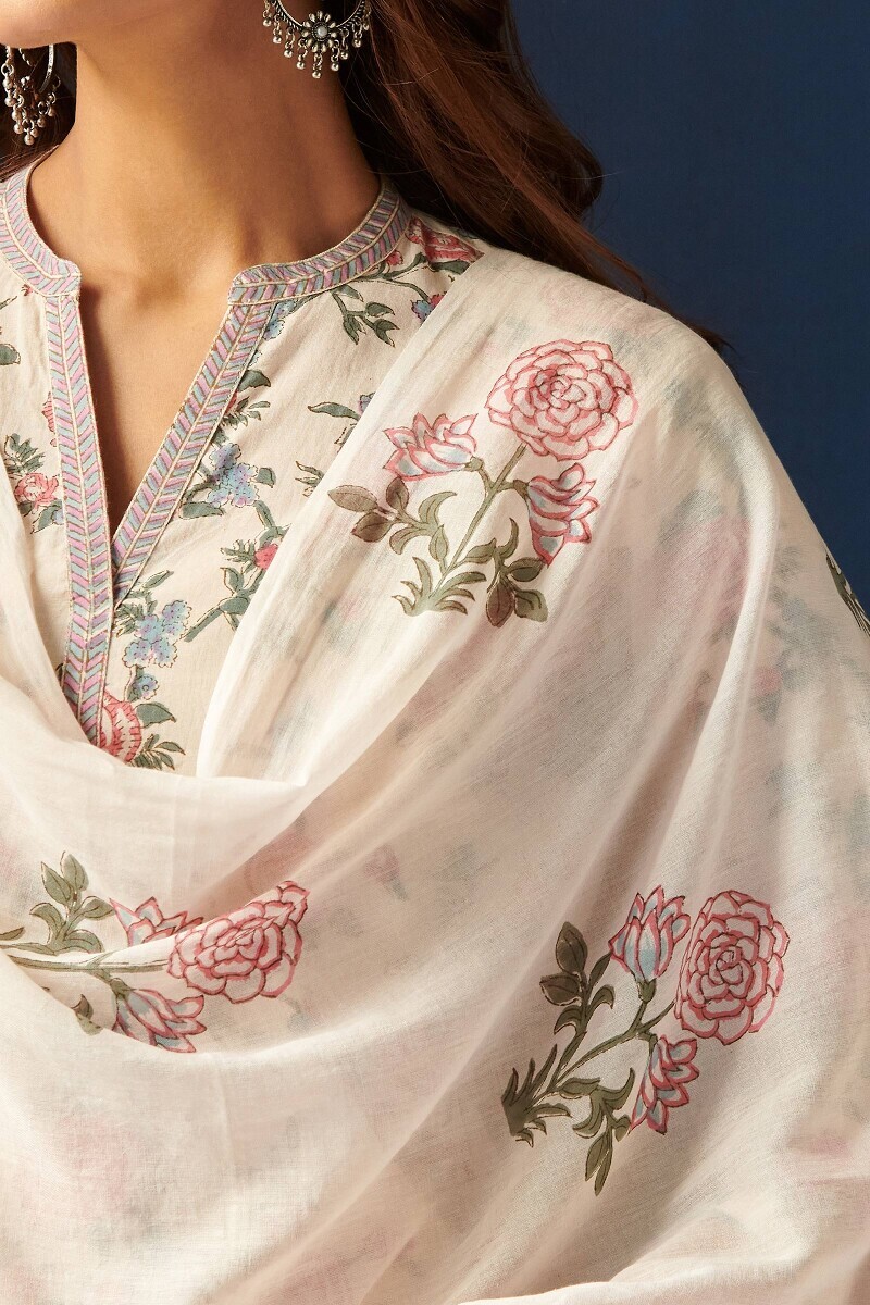 Beige Hand Block-Printed Cotton Mul Dupatta