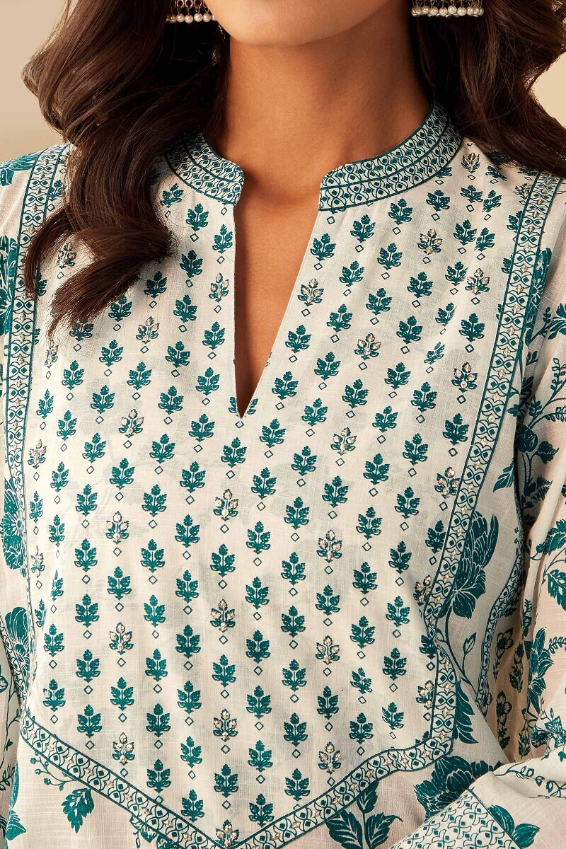 White Hand Printed Straight Cotton Slub Kurta