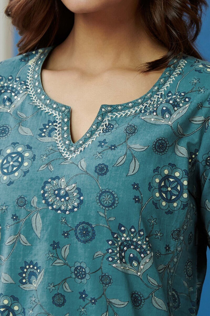 Blue Hand Printed Straight Cotton Kurta