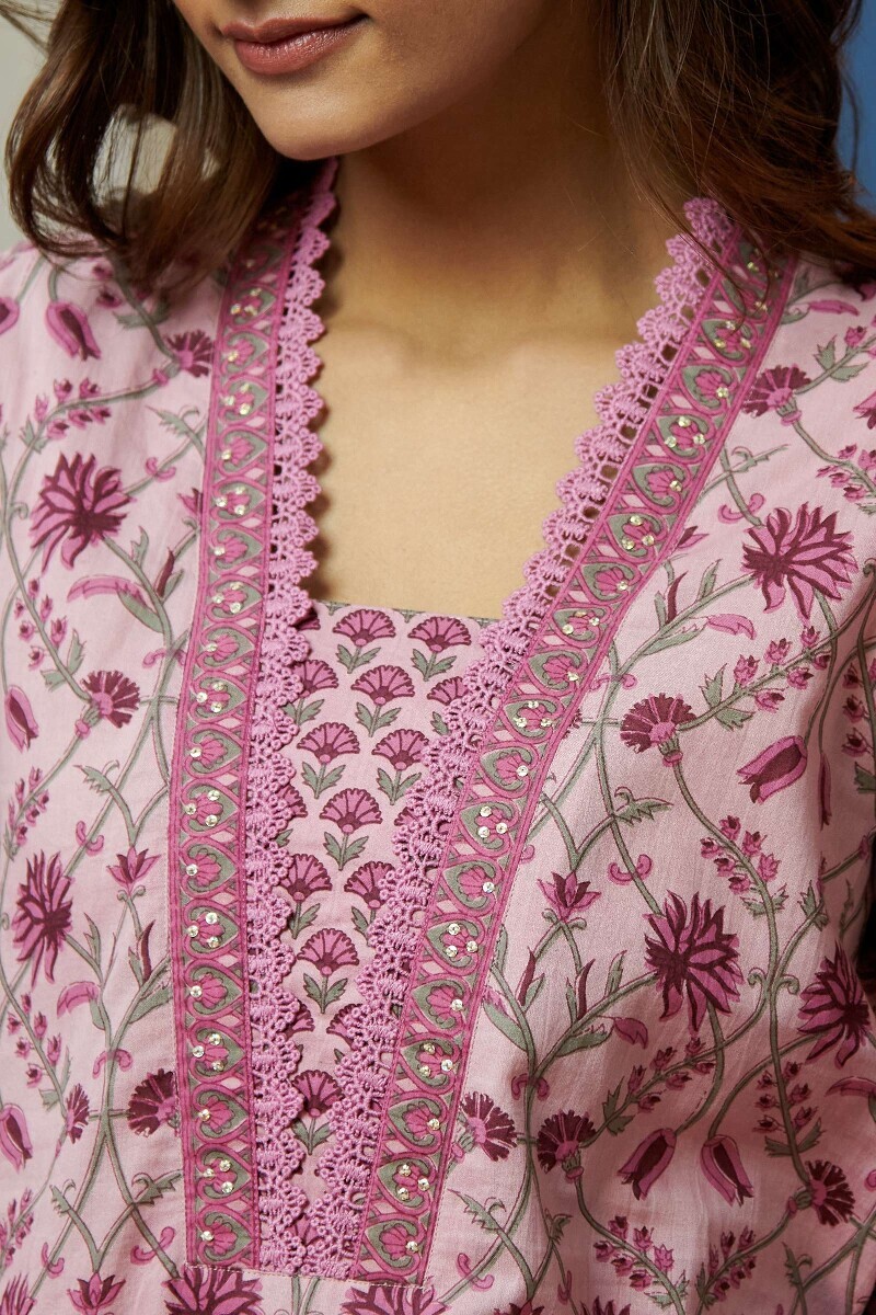 Pink Hand Printed Straight Cotton Kurta