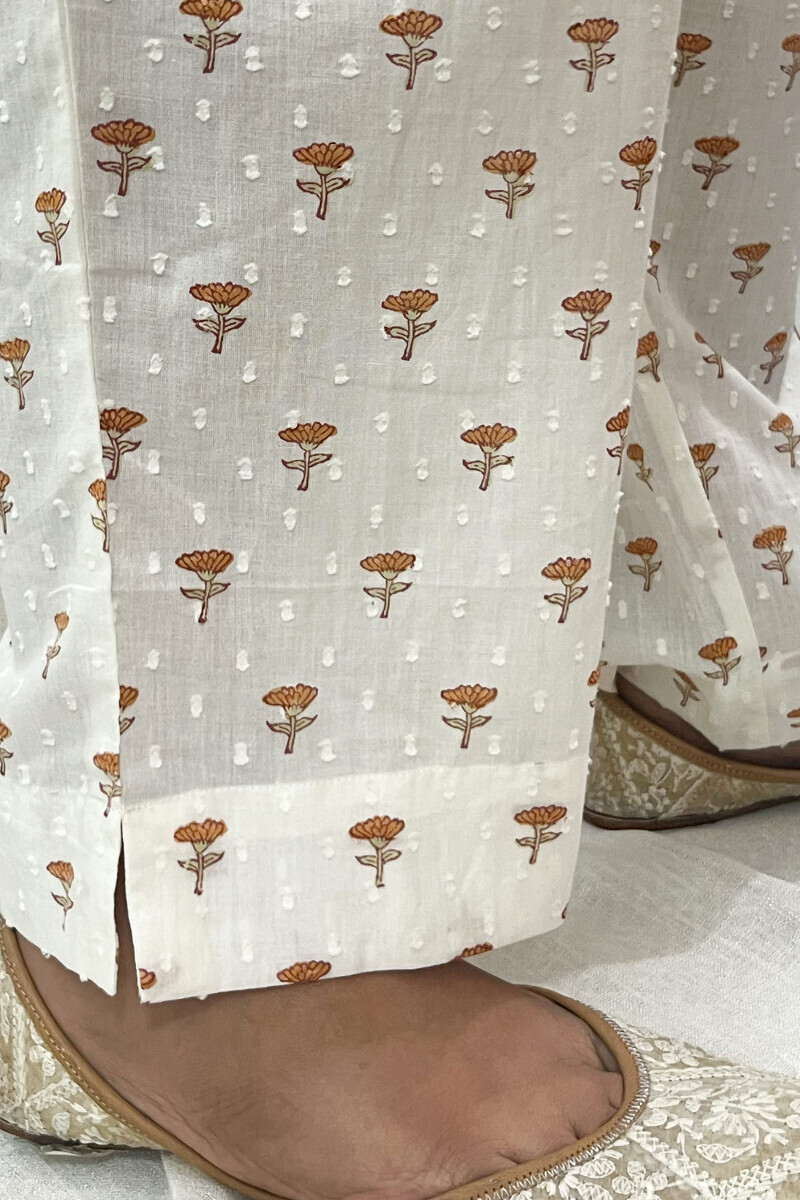 White Hand Block-Printed Cotton Dobby Narrow Pants