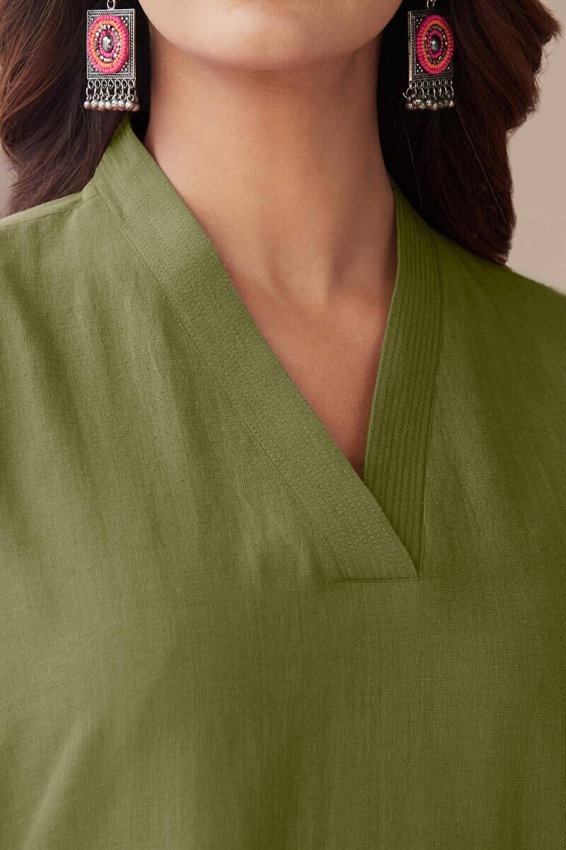 Green Handcrafted Straight Cotton Flax Kurta
