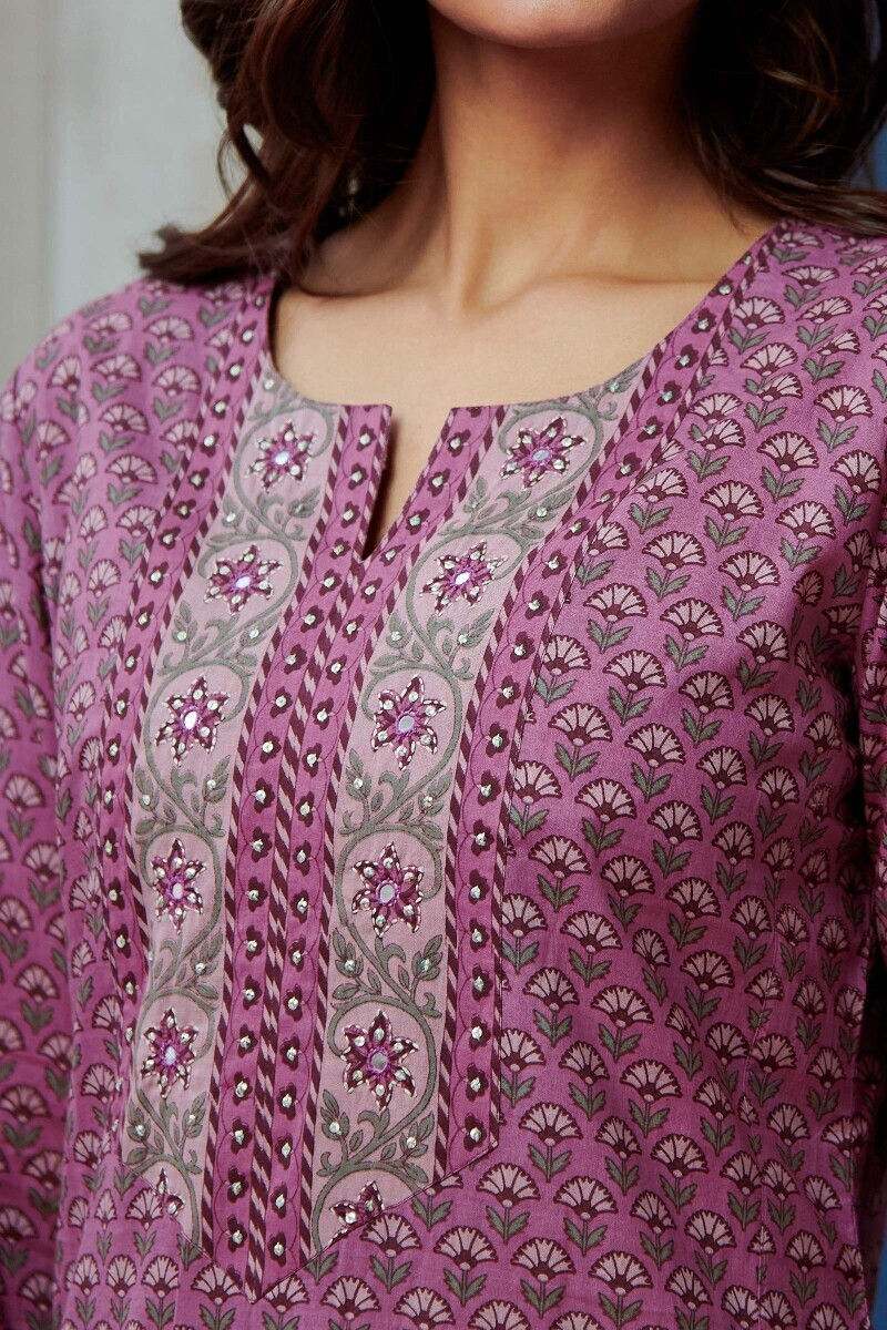 Pink Hand Printed Straight Cotton Kurta