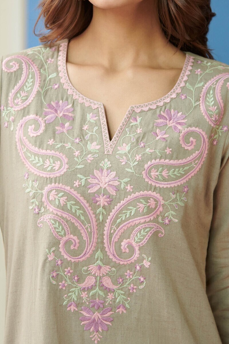Grey Handcrafted Straight Cotton Flax Kurta