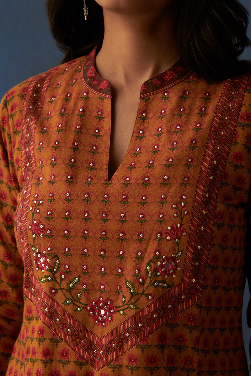 Mustard Printed Straight Cotton Kurta