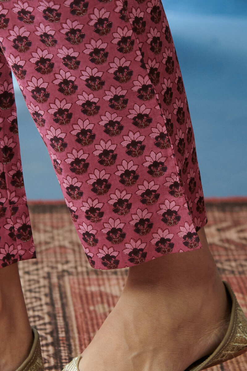 Pink Hand Printed Cotton Narrow Pants