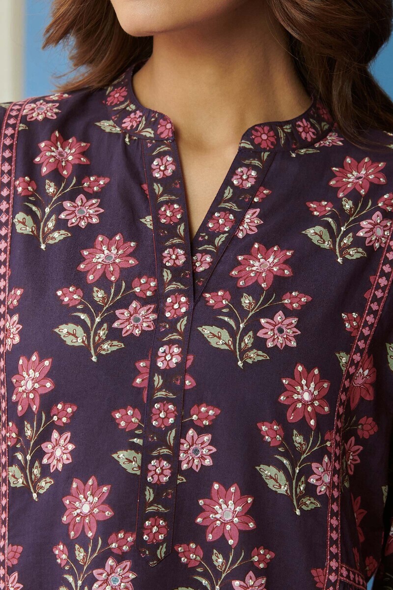 Purple Hand Printed A-Line Cotton Kurta