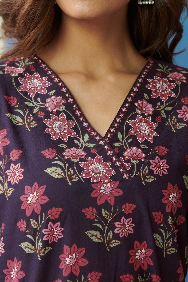 Purple Hand Printed Straight Cotton Kurta