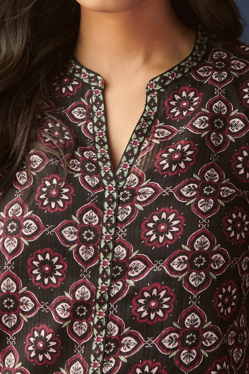Black Hand Printed Cotton Dobby Loungewear Set