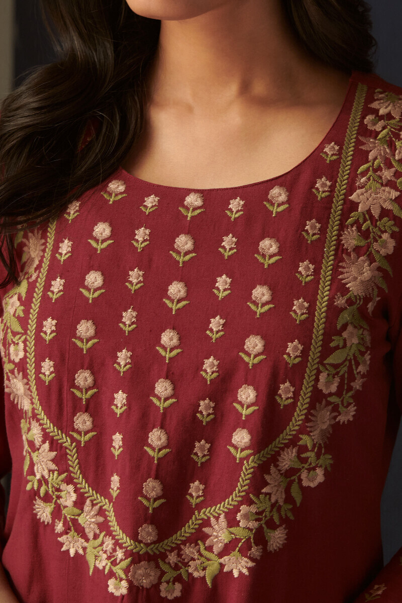 Red Handcrafted Straight Cotton Flax Kurta
