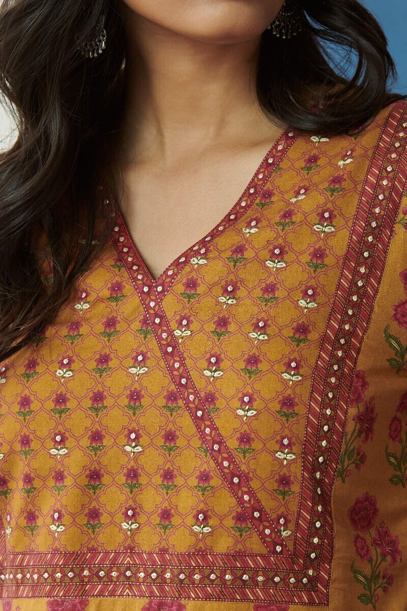 Mustard Printed Straight Cotton Kurta