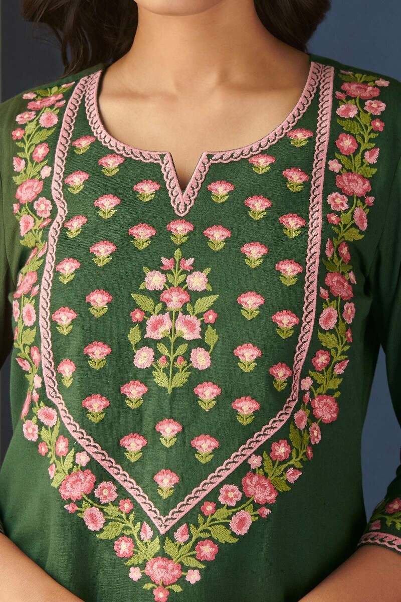 Green Handcrafted Straight Cotton Flax Kurta