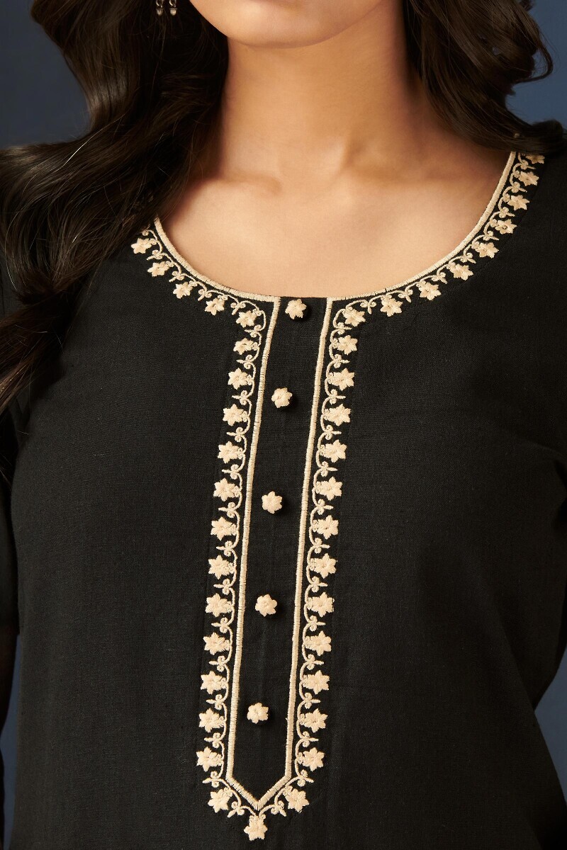 Black Handcrafted Straight Cotton Flax Kurta