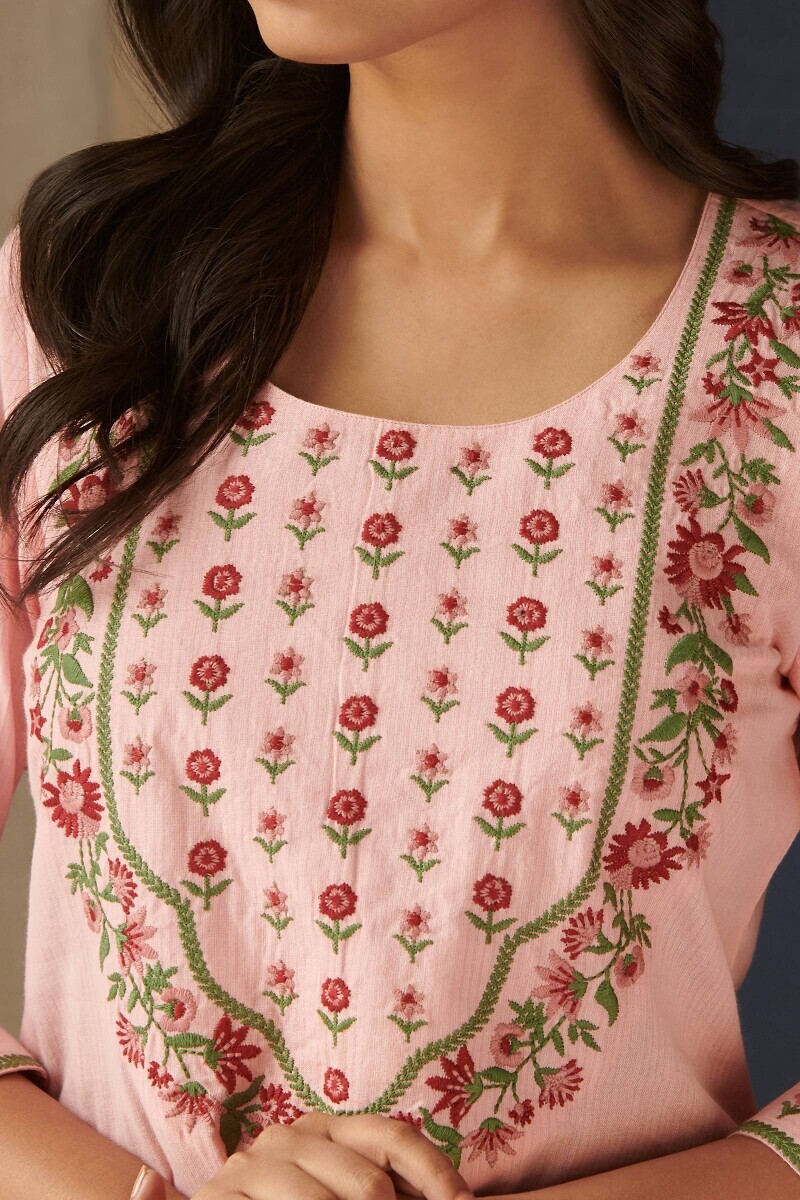 Pink Handcrafted Straight Cotton Kurta