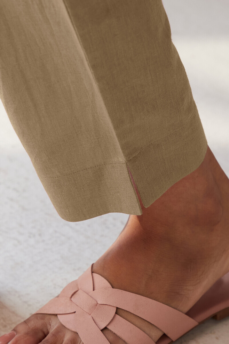 Beige Handcrafted Cotton Flax Narrow Pants