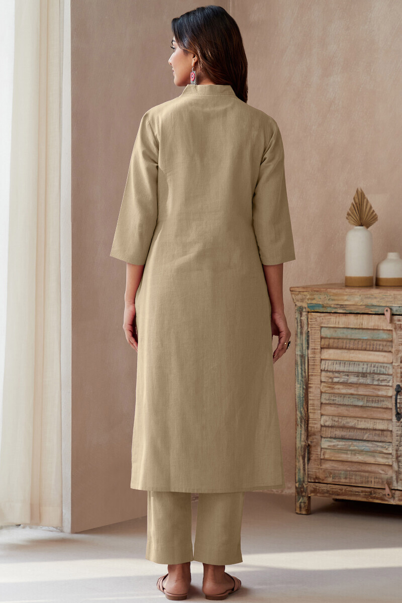 Beige Handcrafted Straight Cotton Flax Kurta