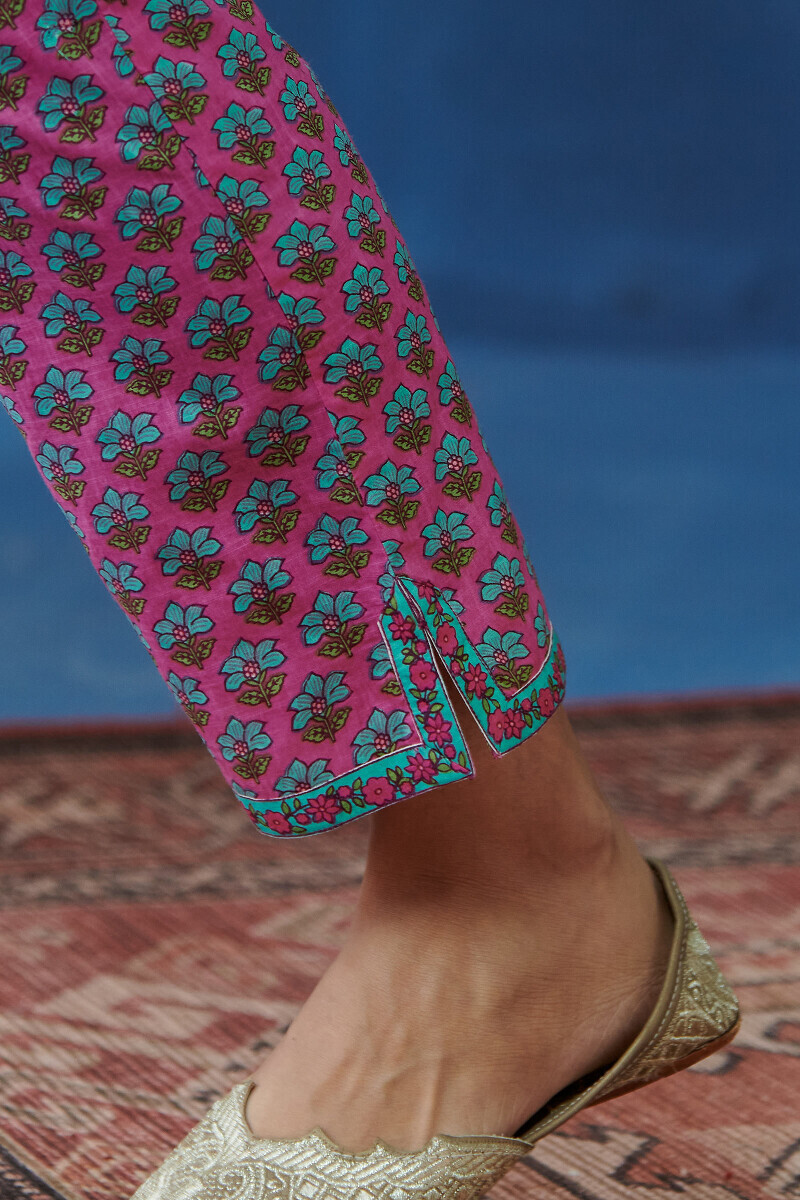 Pink Hand Printed Cotton Slub Narrow Pants
