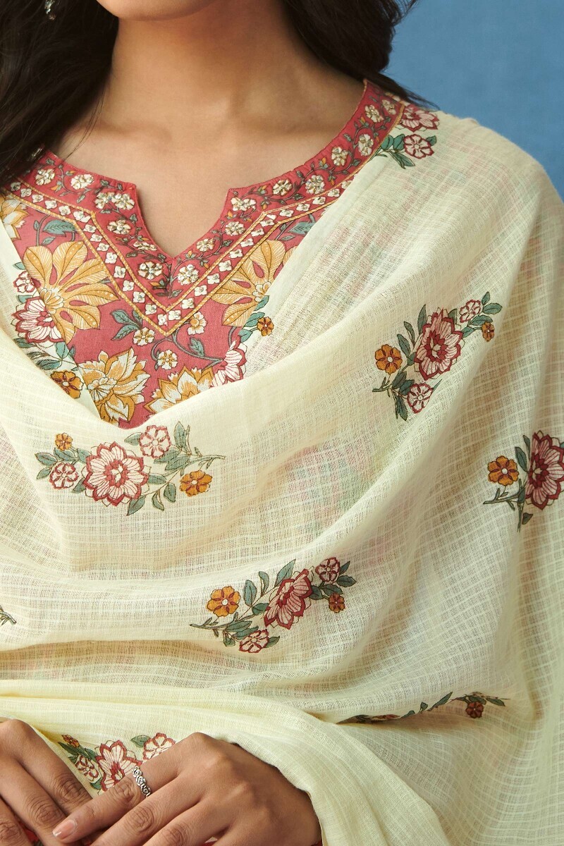 Cream Hand Printed Kota Dupatta