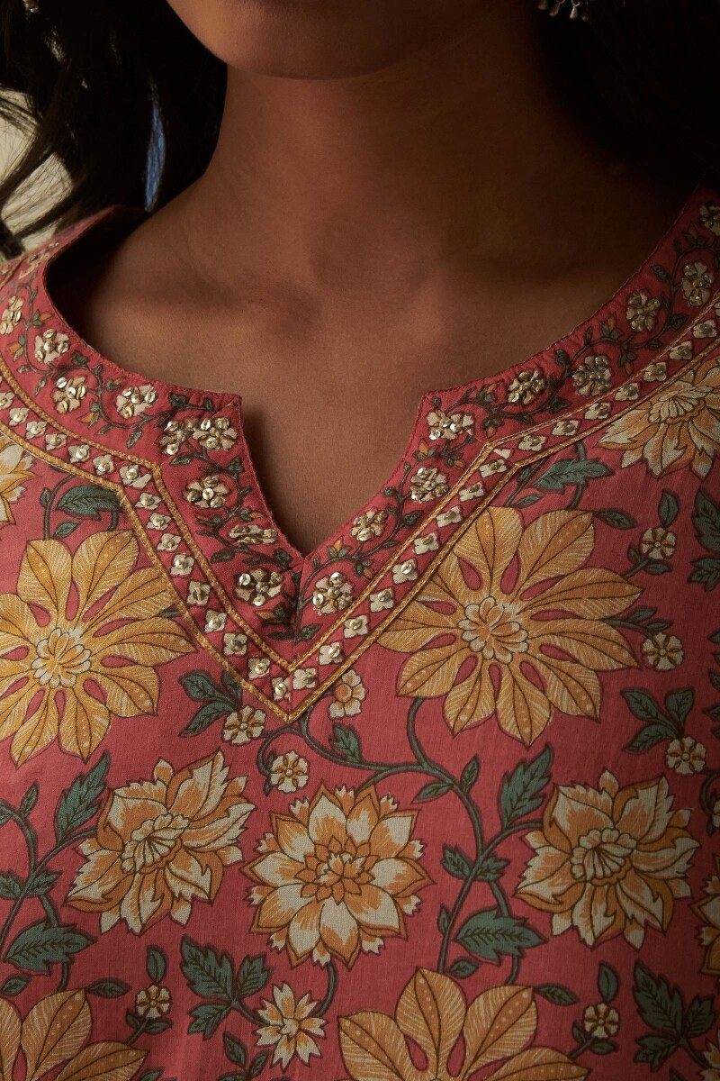 Pink Hand Printed Straight Cotton Kurta