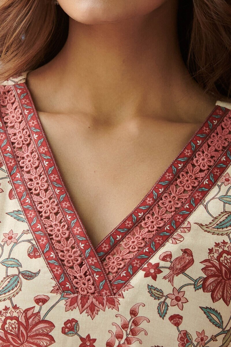 Cream Printed Straight Cotton Kurta