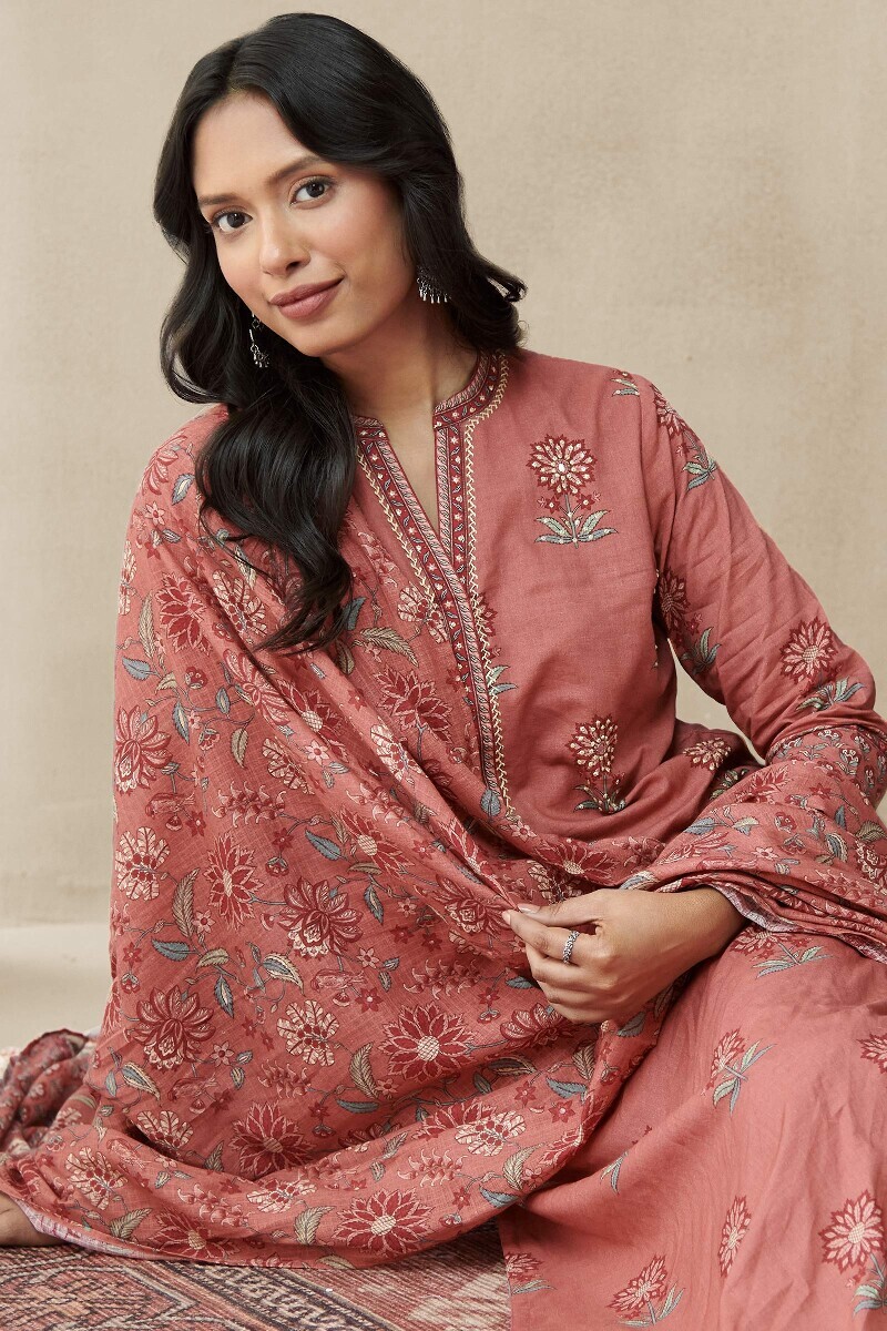 Rust Printed Straight Cotton Kurta