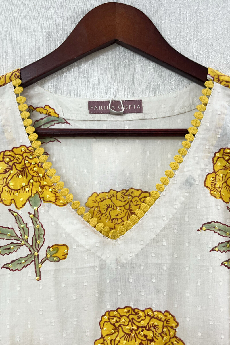White Hand Block-Printed Straight Cotton Dobby Kurta