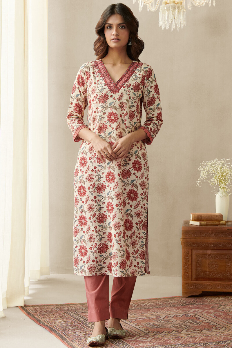 Cream Printed Straight Cotton Kurta
