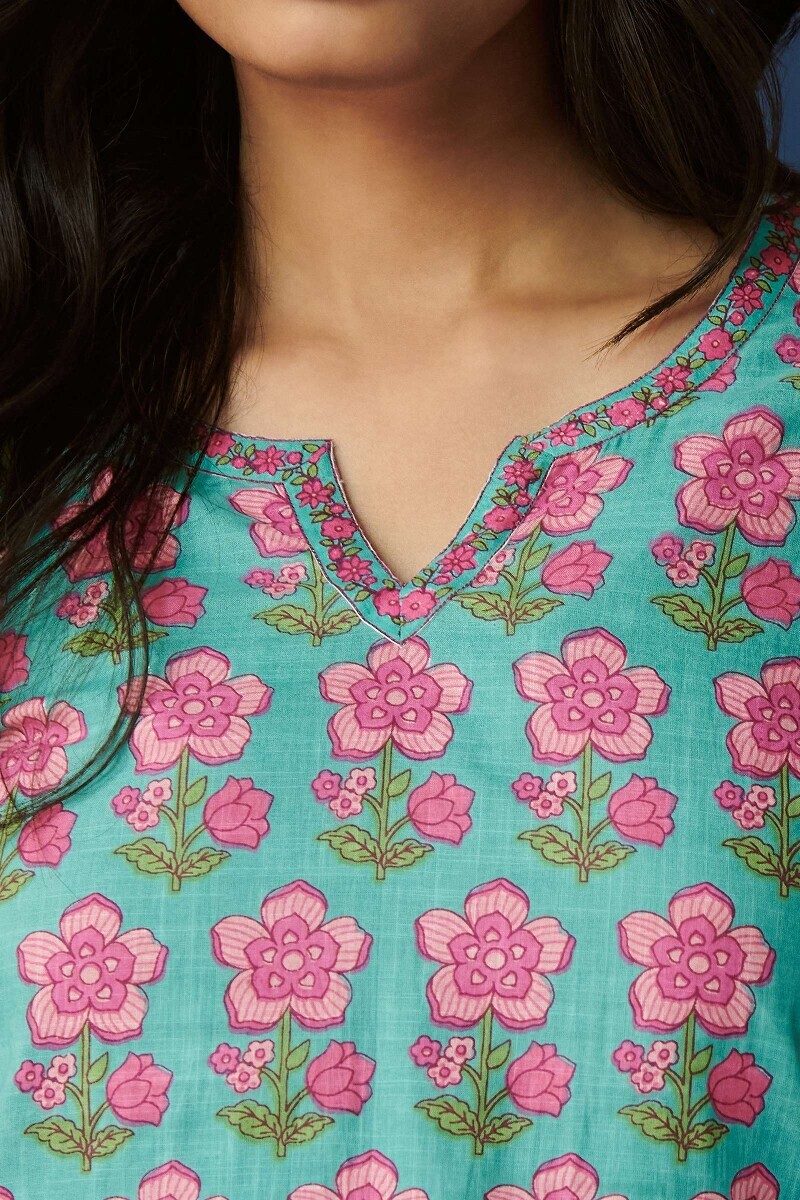 Blue Hand Printed Cotton Slub Loungewear Set