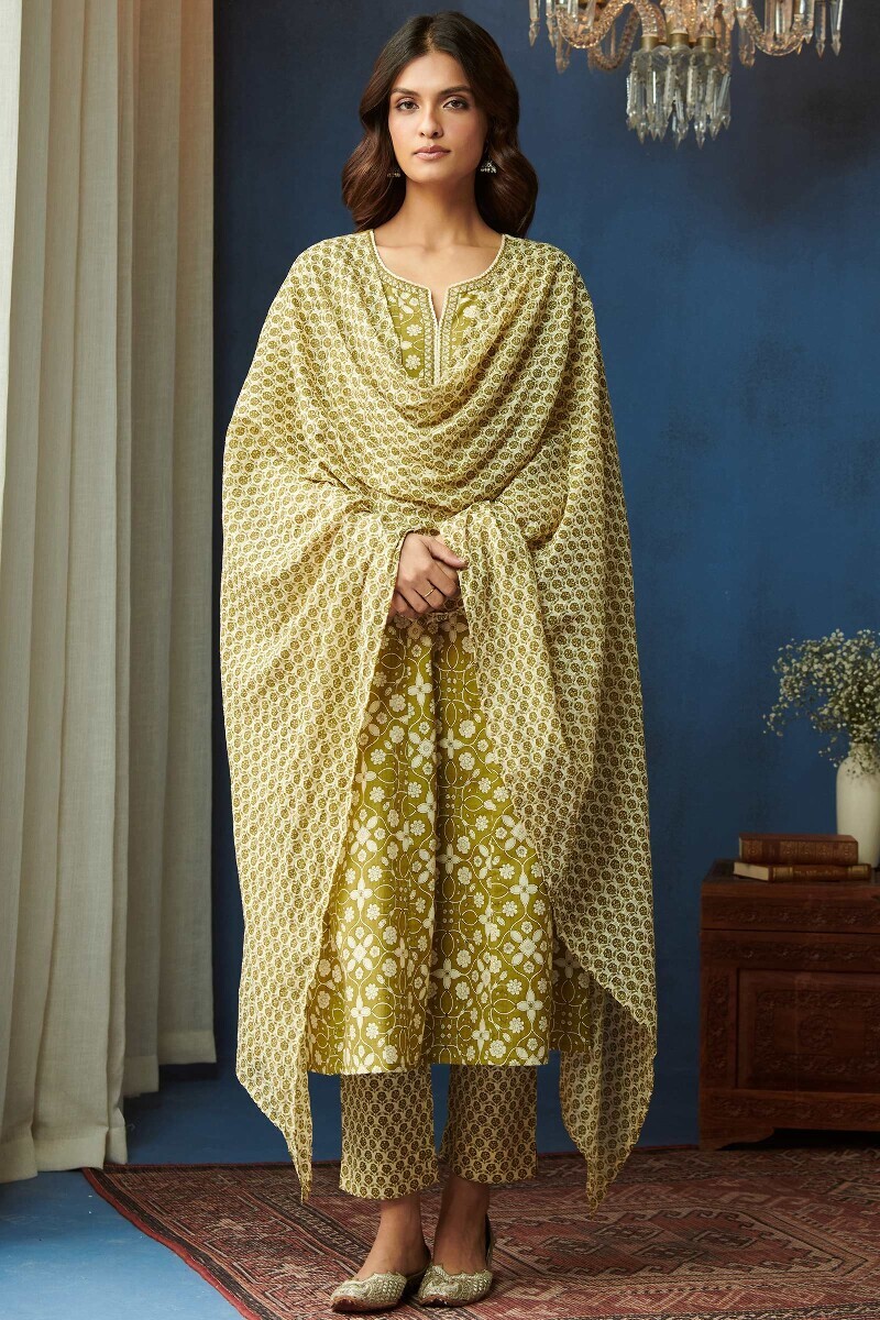 Green Hand Printed Anarkali Cotton Kurta