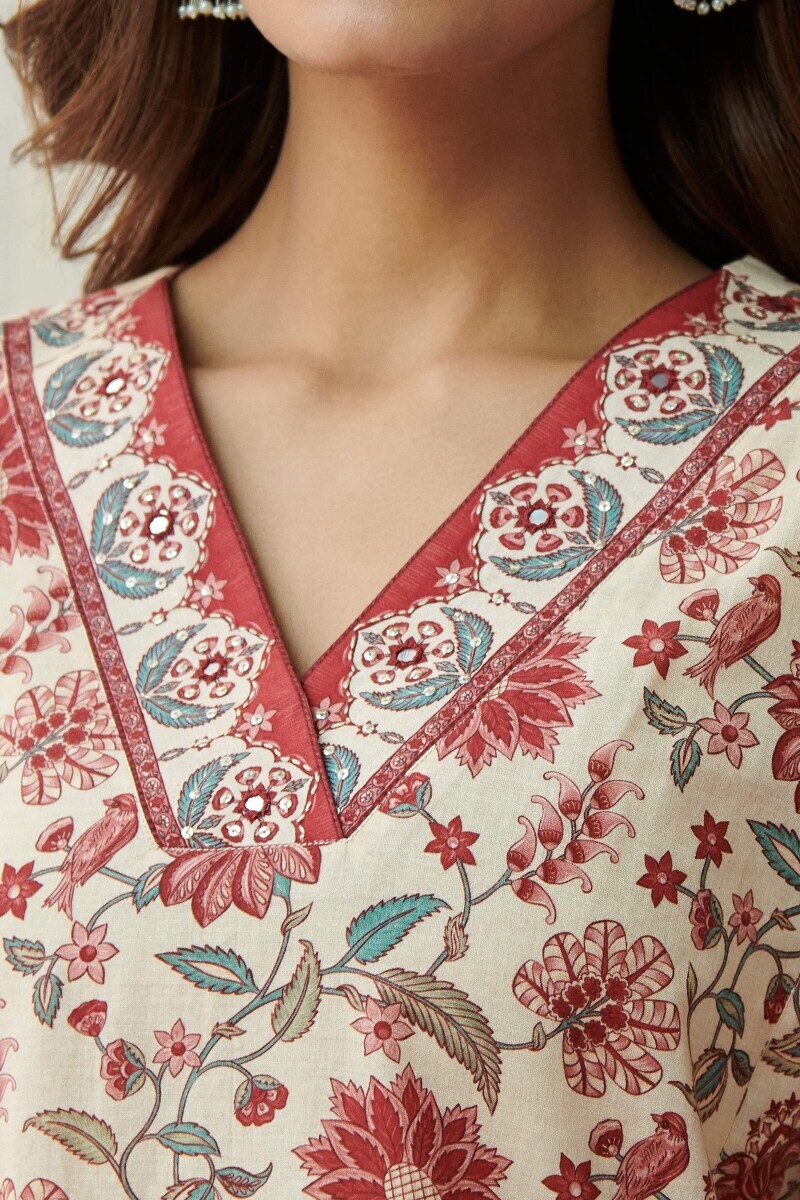 Cream Printed Straight Cotton Kurta