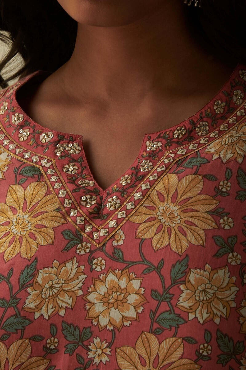 Pink Hand Printed Straight Cotton Kurta