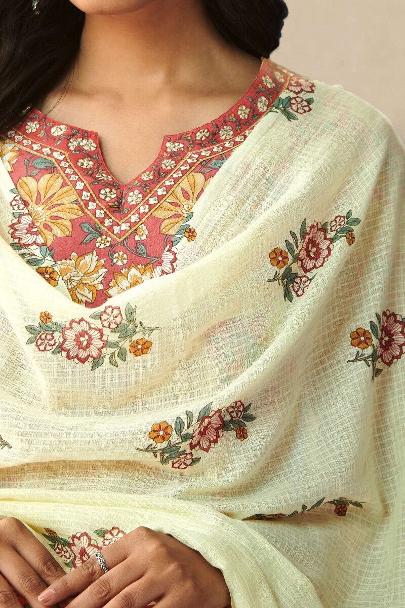 Cream Hand Printed Kota Dupatta