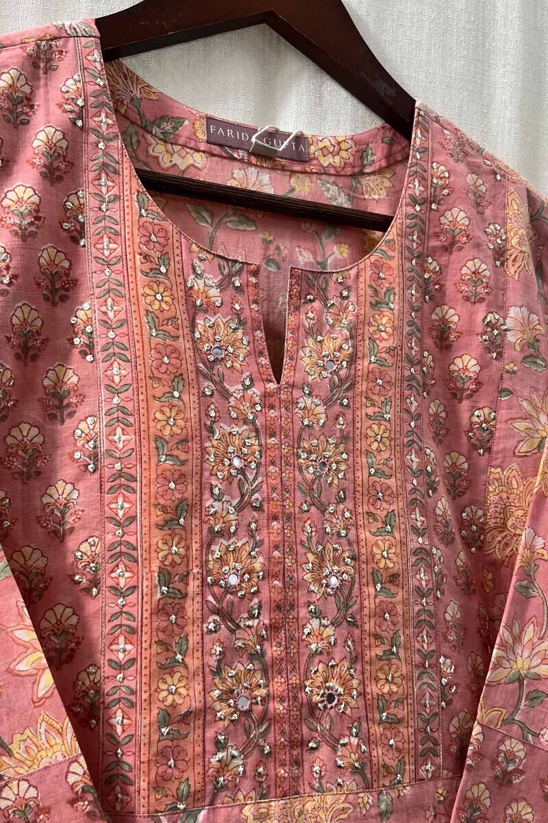 Peach Hand Block-Printed Straight Cotton Kurta