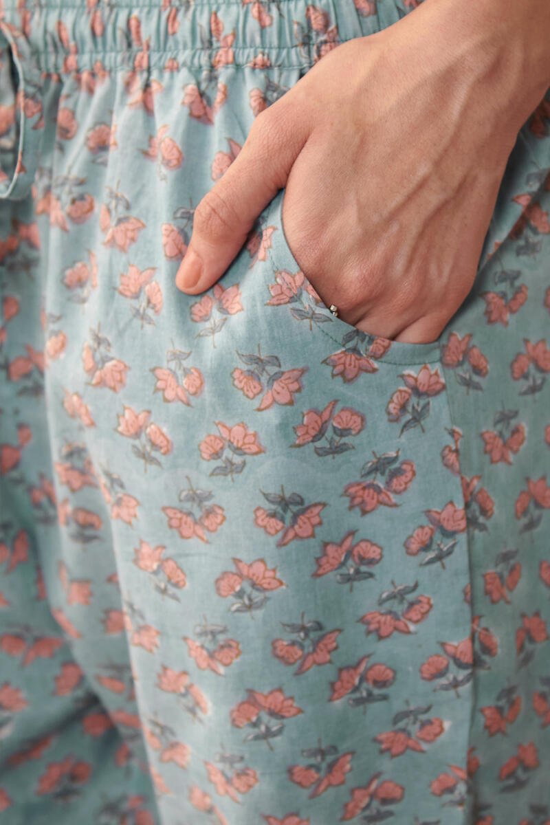 Blue Hand Block Printed Cotton Narrow Pants