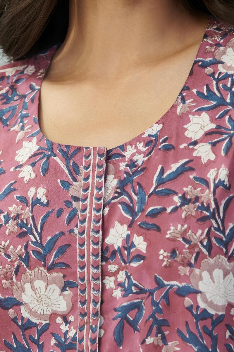 Maroon Hand Block Printed Cotton Kaftan