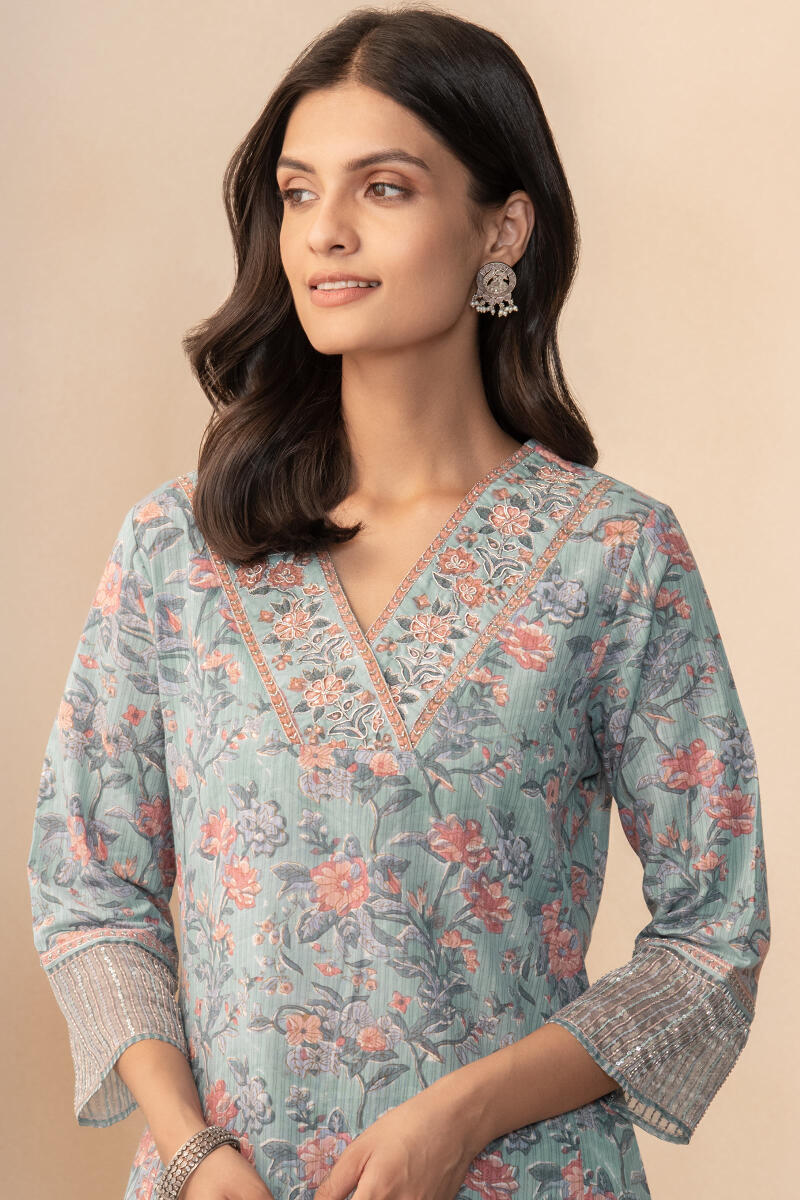 Blue Hand Block Printed Straight Cotton Kurta