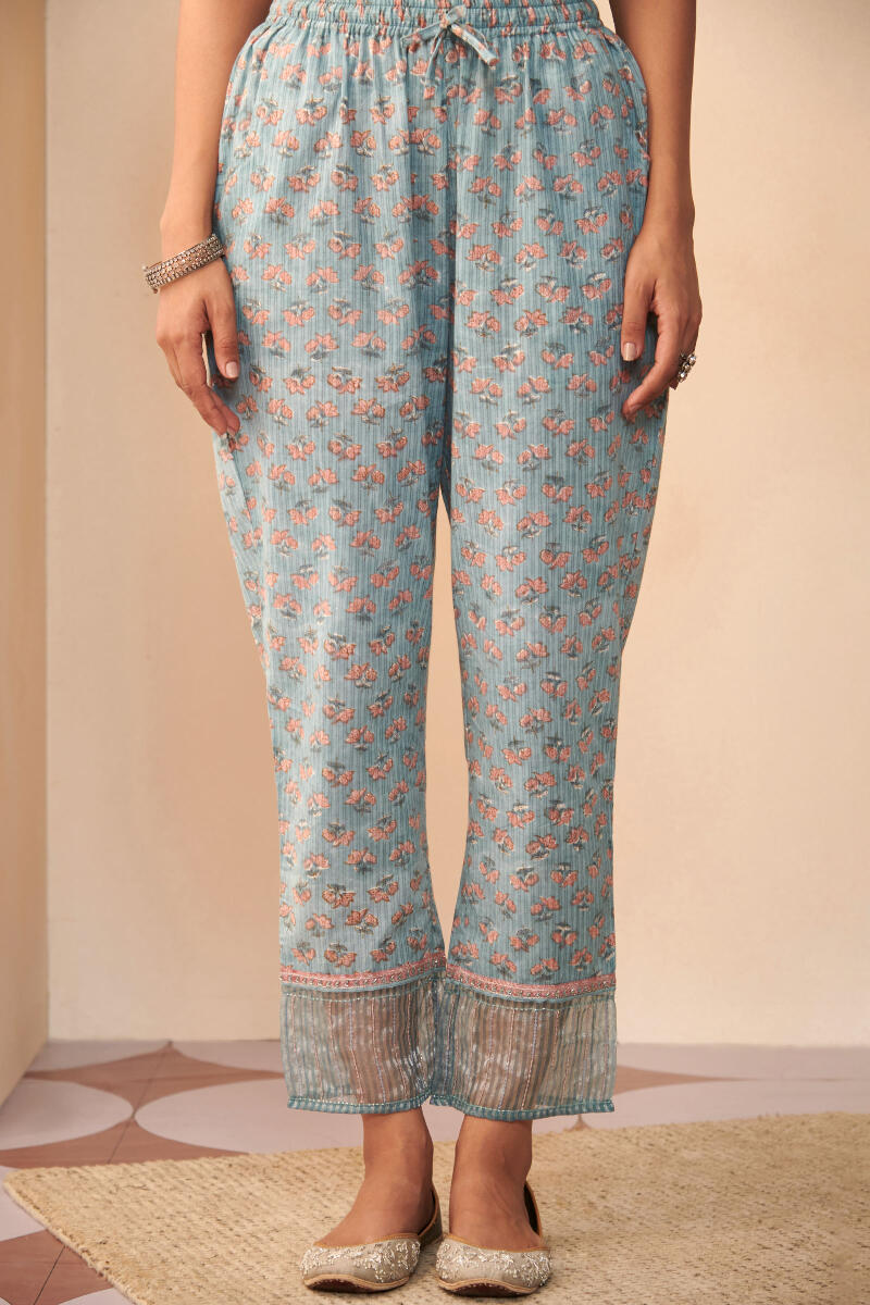 Blue Hand Block Printed Cotton Narrow Pants