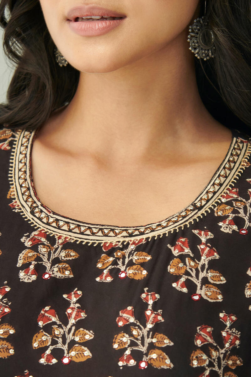 Black Hand Block Printed Straight Shantung Kurta