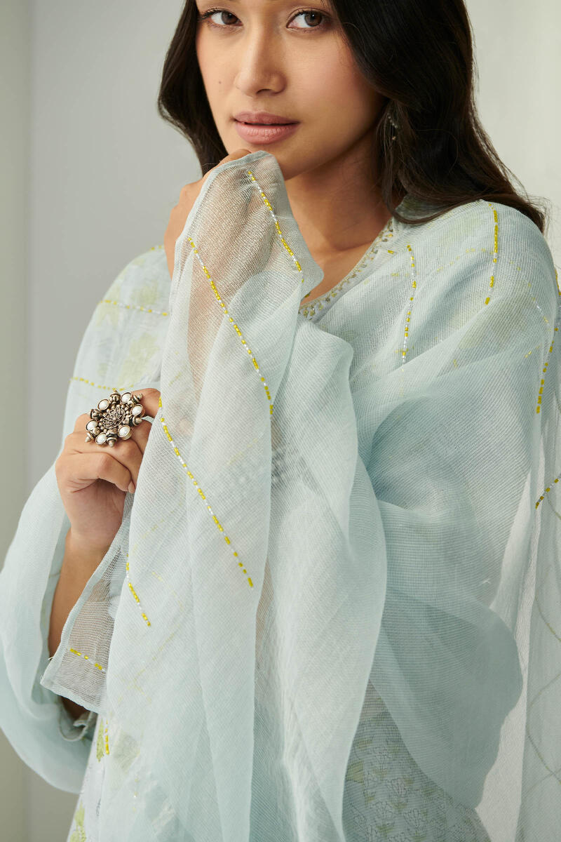 Green Hand Block Printed Cotton Silk Dupatta