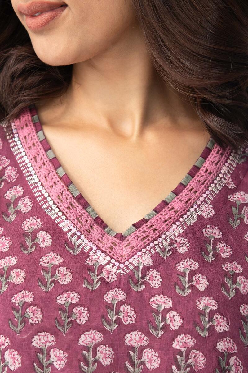 Purple Hand Block Printed A-Line Cotton Kurta