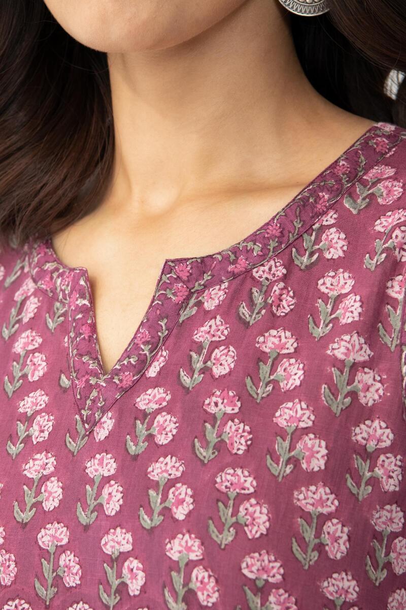 Purple Hand Block Printed A-Line Cotton Kurta