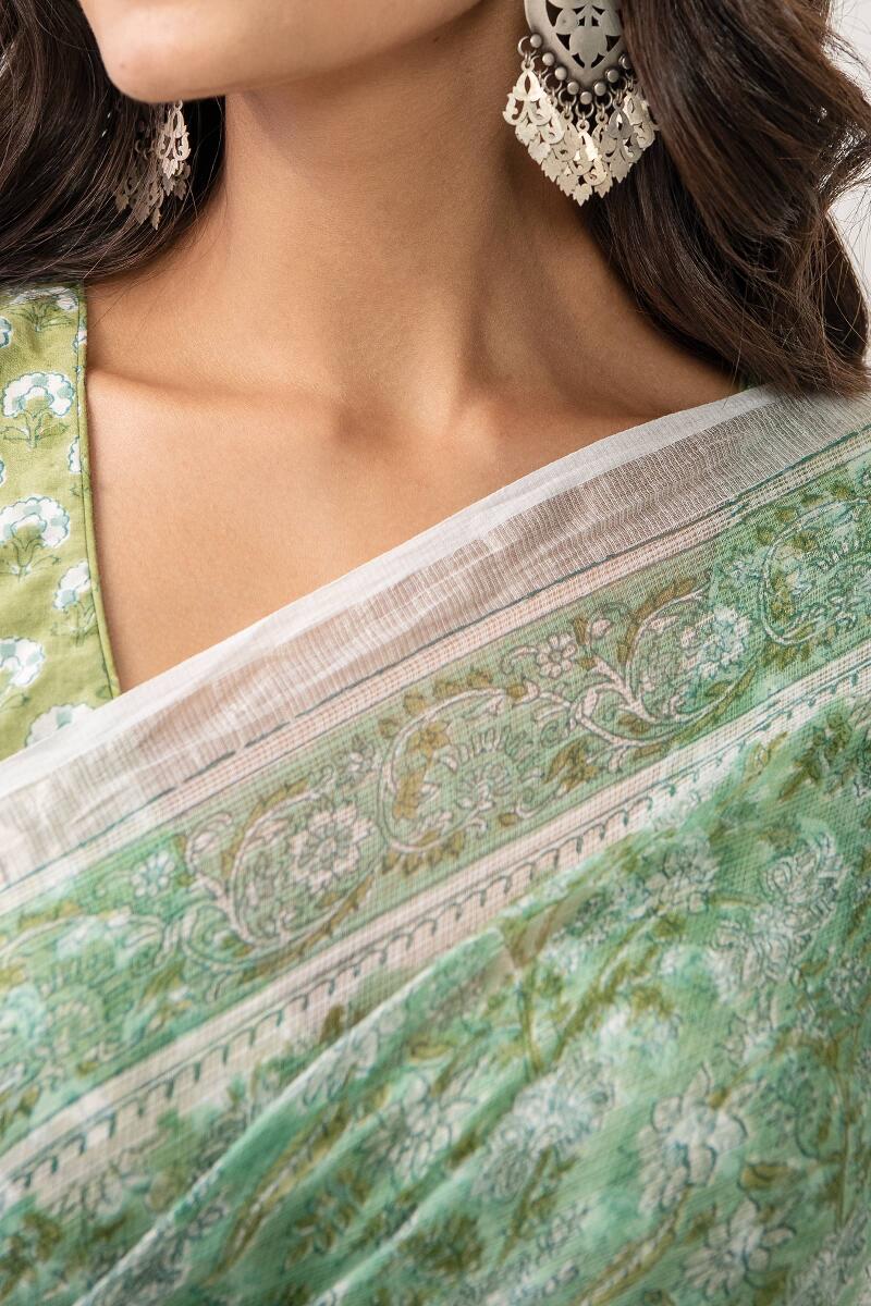 Green Hand Block Printed Kota Silk Saree