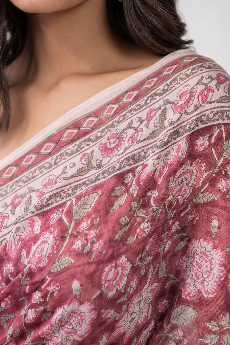 Purple Hand Block Printed Cotton Silk Saree