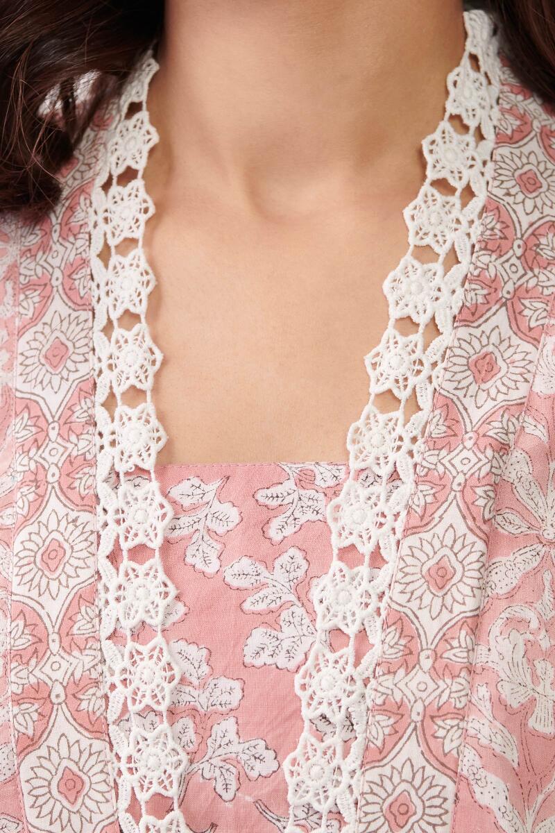 Pink Hand Block Printed Straight Cotton Kurta