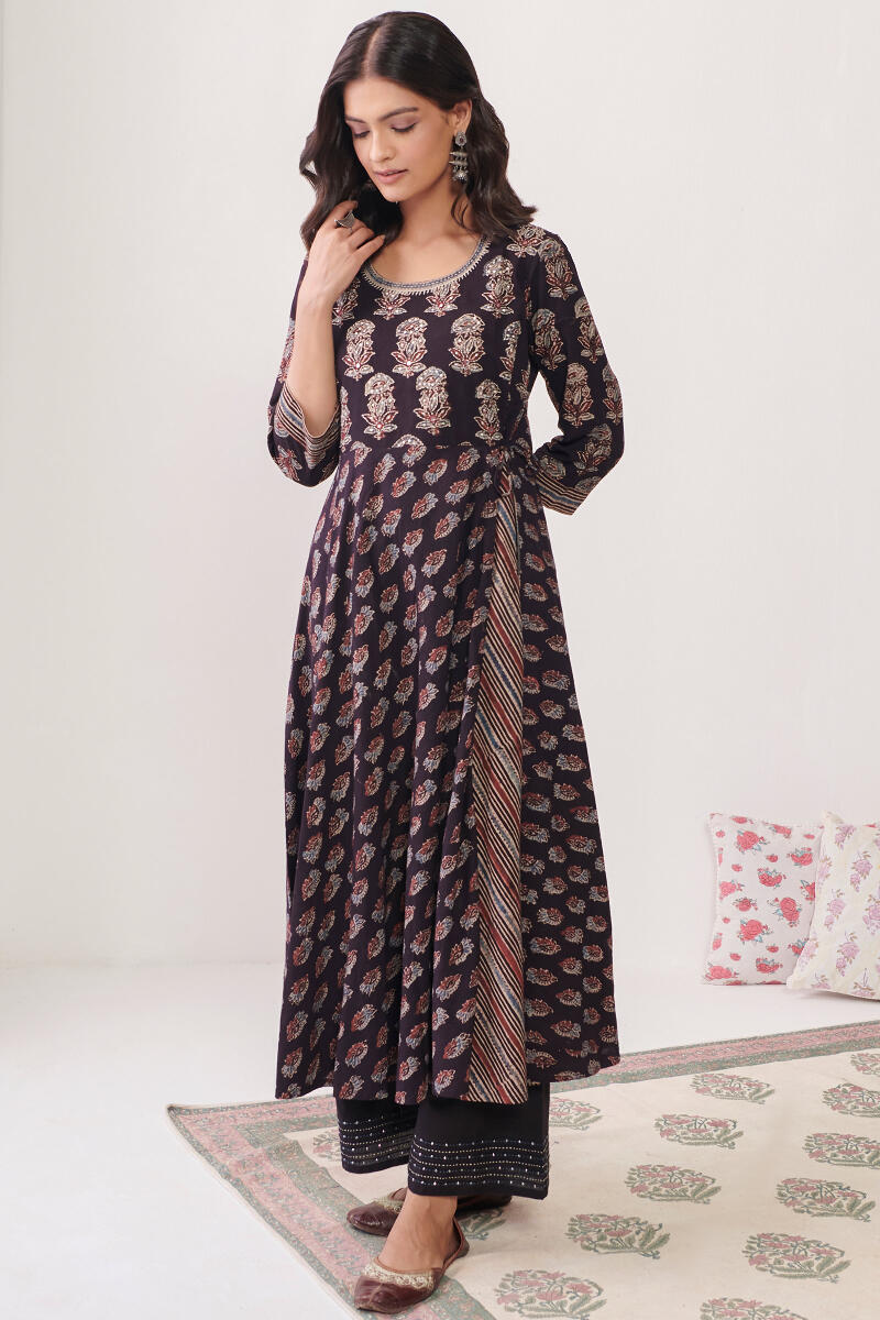 Black Hand Block Printed A-Line Cotton Kurta