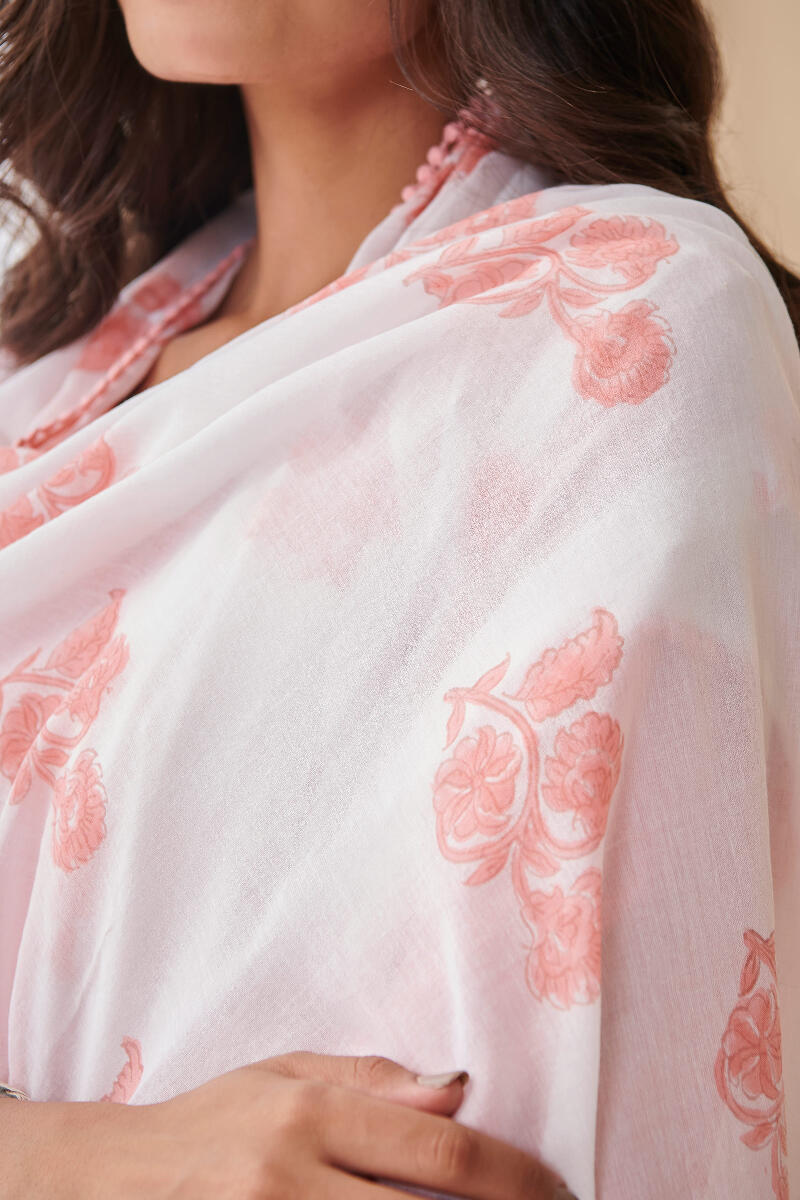 White Hand Block Printed Cotton Dupatta